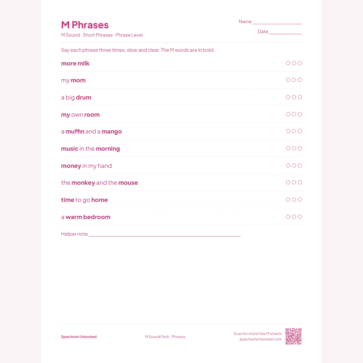 M phrases practice page with try counters