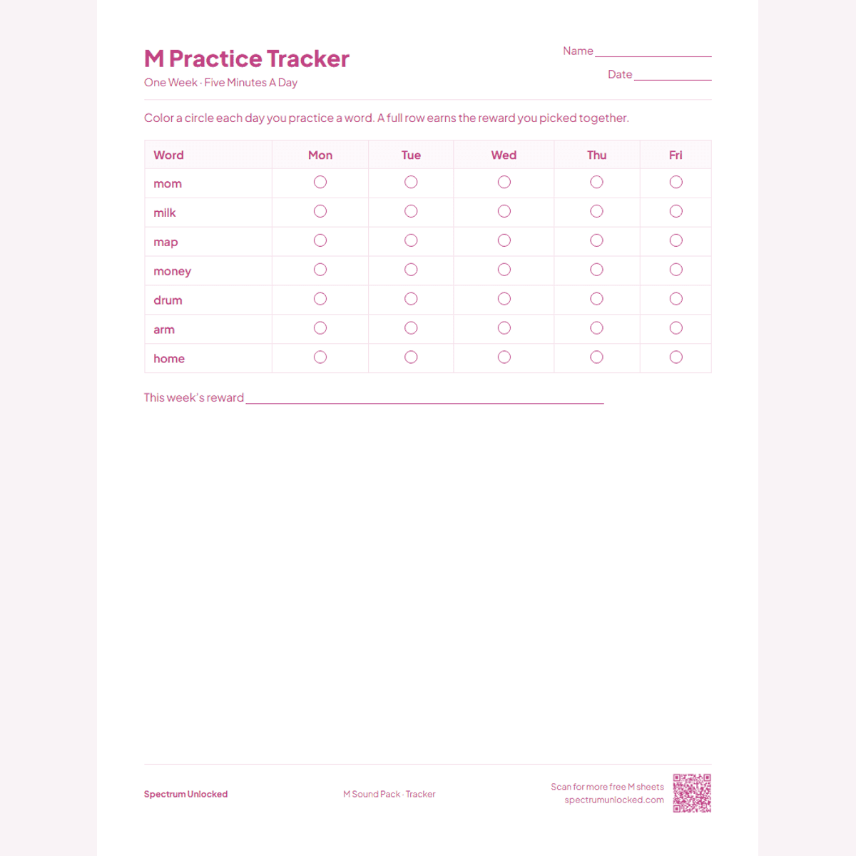 Weekly M practice tracker page