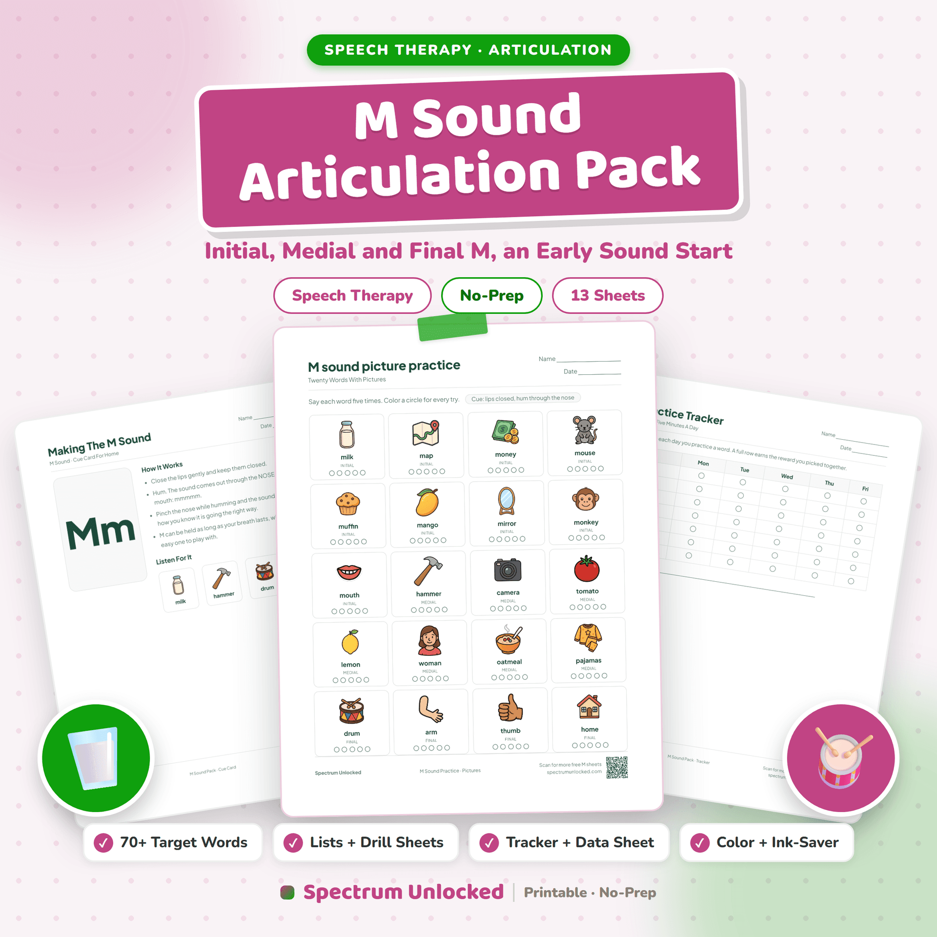 M Sound Articulation Worksheets Pack cover