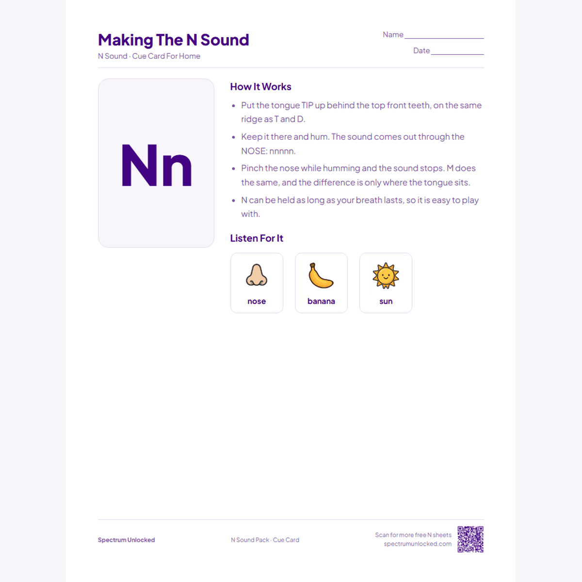 Send-home cue card from the N Sound Articulation Worksheets Pack