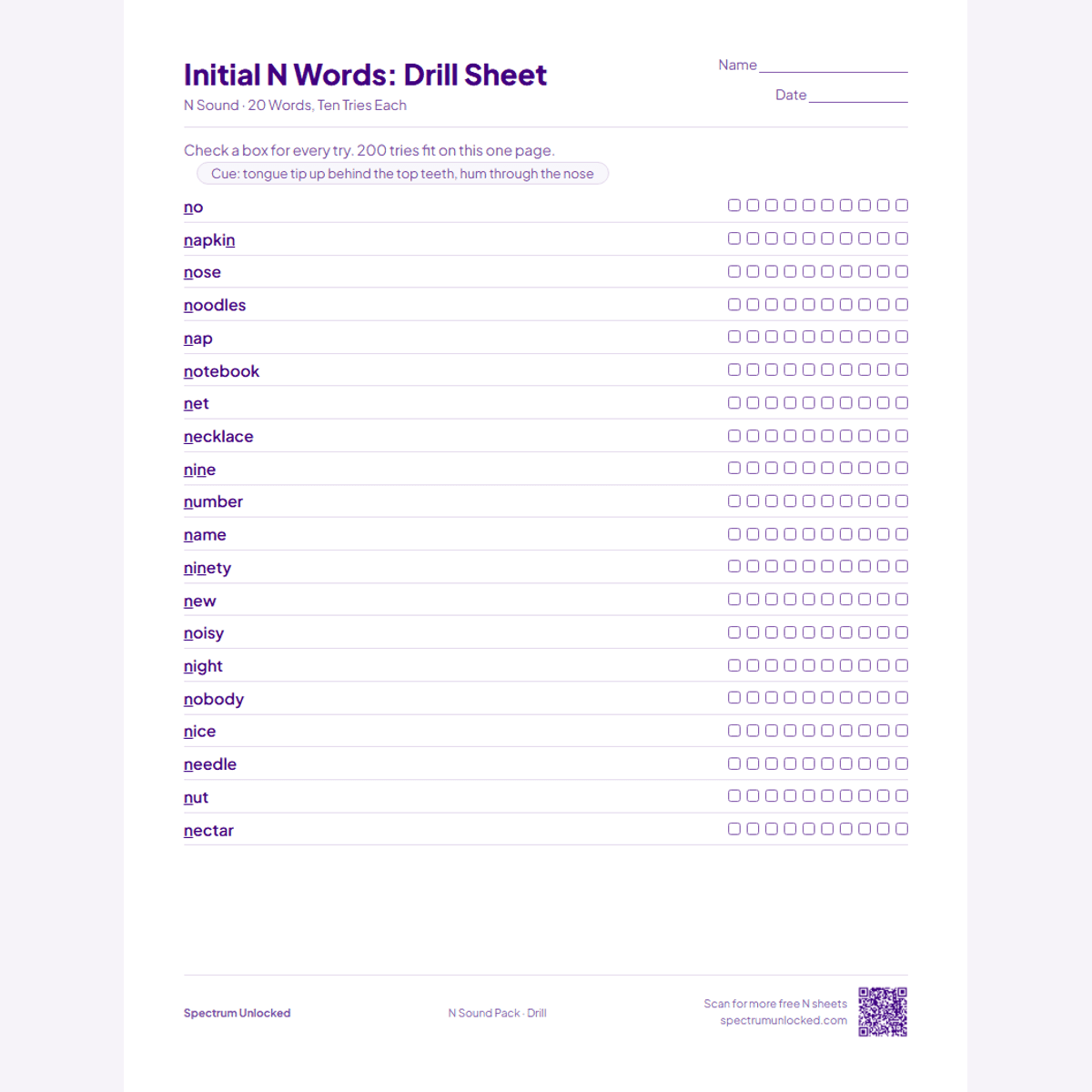 Drill sheet with ten tries per N word