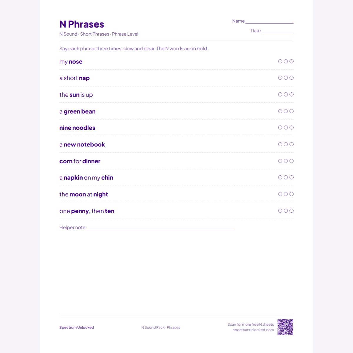 N phrases practice page with try counters