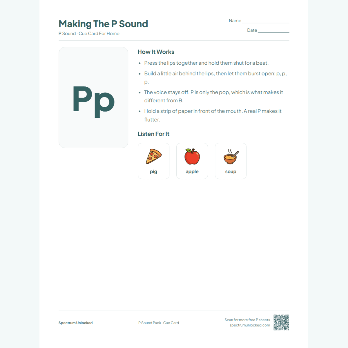 Send-home cue card from the P Sound Articulation Worksheets Pack
