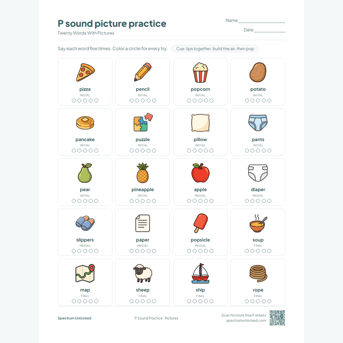 Picture practice page with 20 illustrated P words