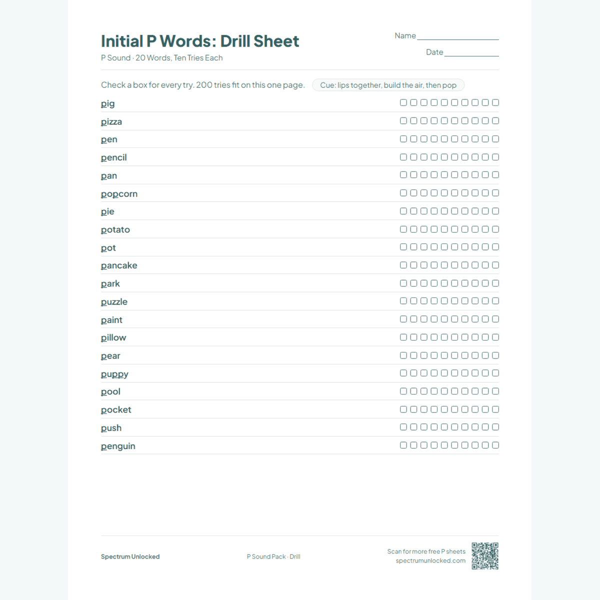 Drill sheet with ten tries per P word