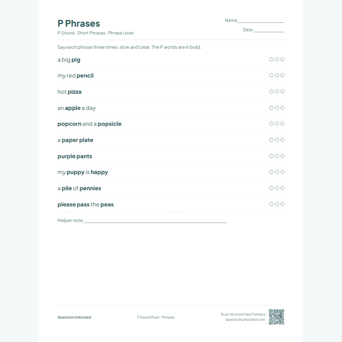 P phrases practice page with try counters