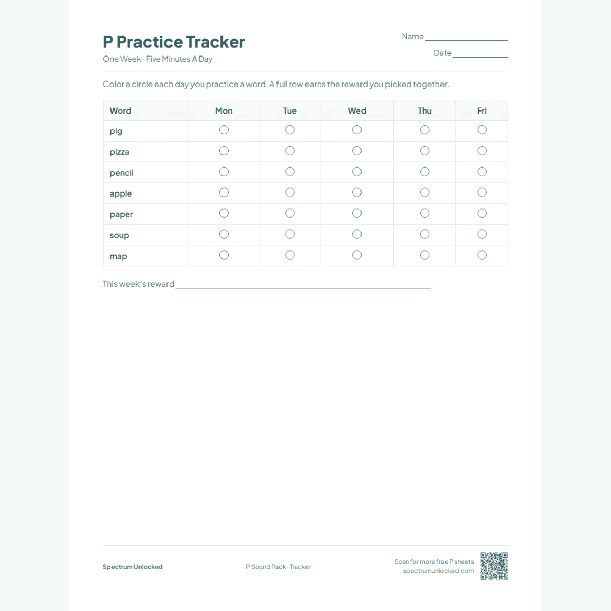 Weekly P practice tracker page
