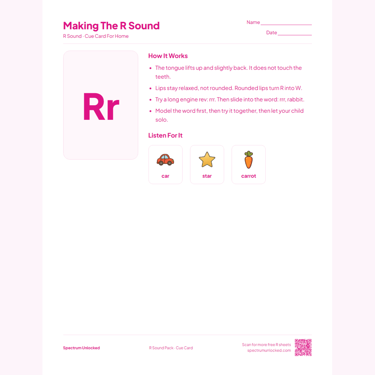 Send-home cue card from the R Sound Articulation Worksheets Pack