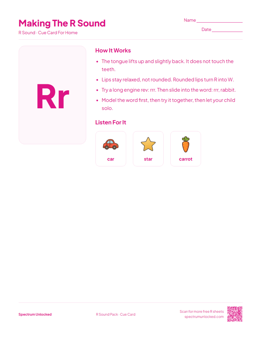 Send-home cue card from the R Sound Articulation Worksheets Pack