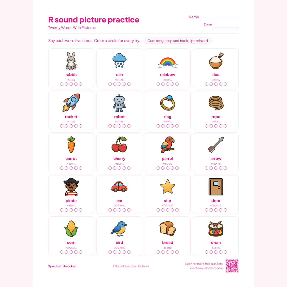 Picture practice page with 20 illustrated R words