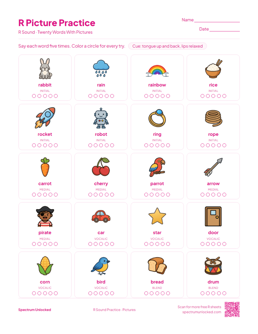 Picture practice page with 20 illustrated R words
