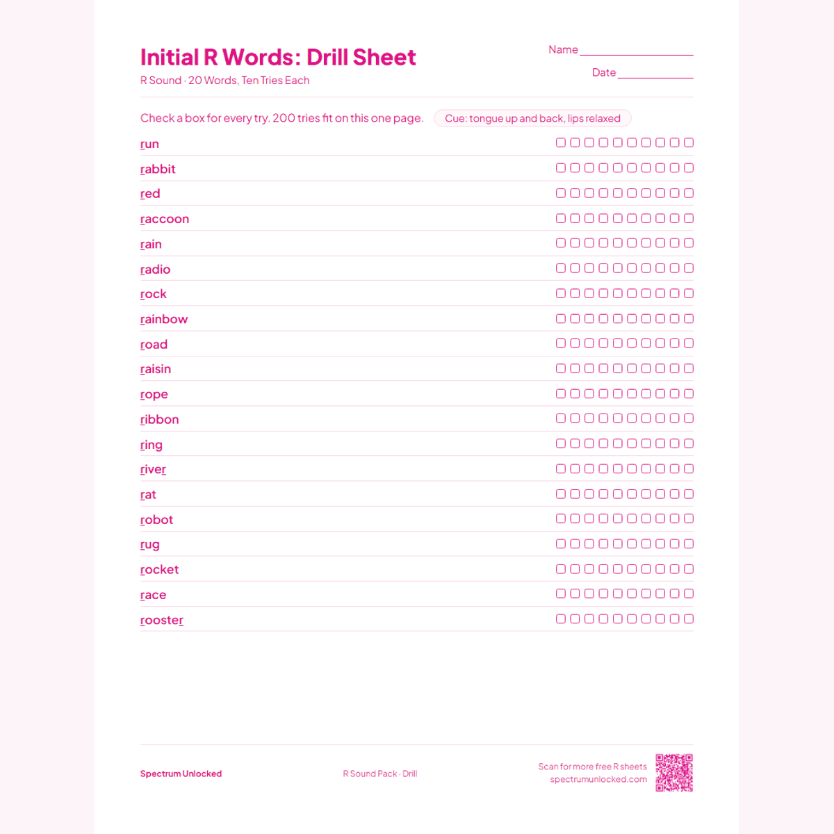 Drill sheet with ten tries per R word