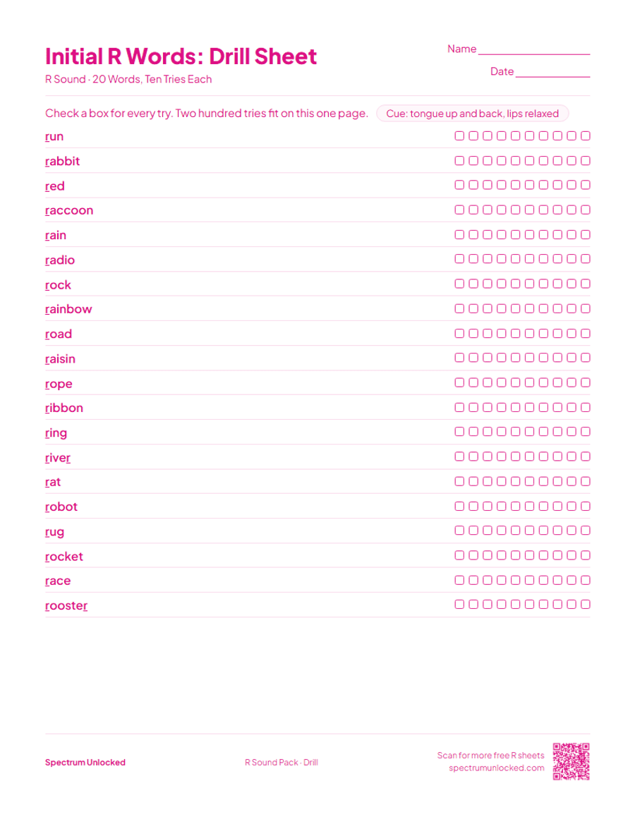 Drill sheet with ten tries per R word