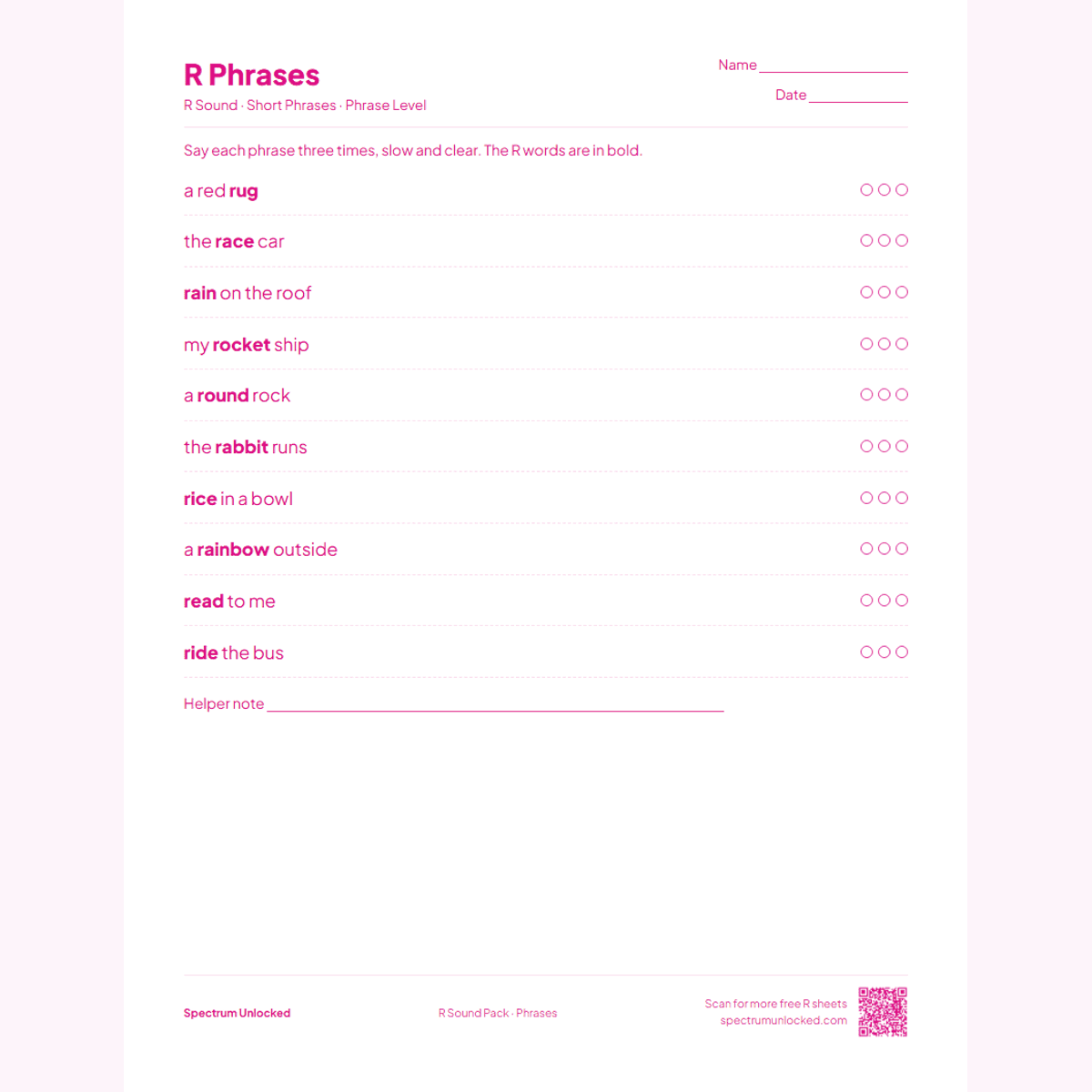 R phrases practice page with try counters