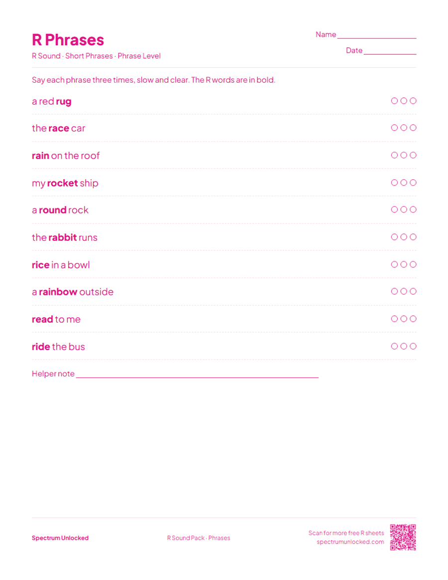 R phrases practice page with try counters