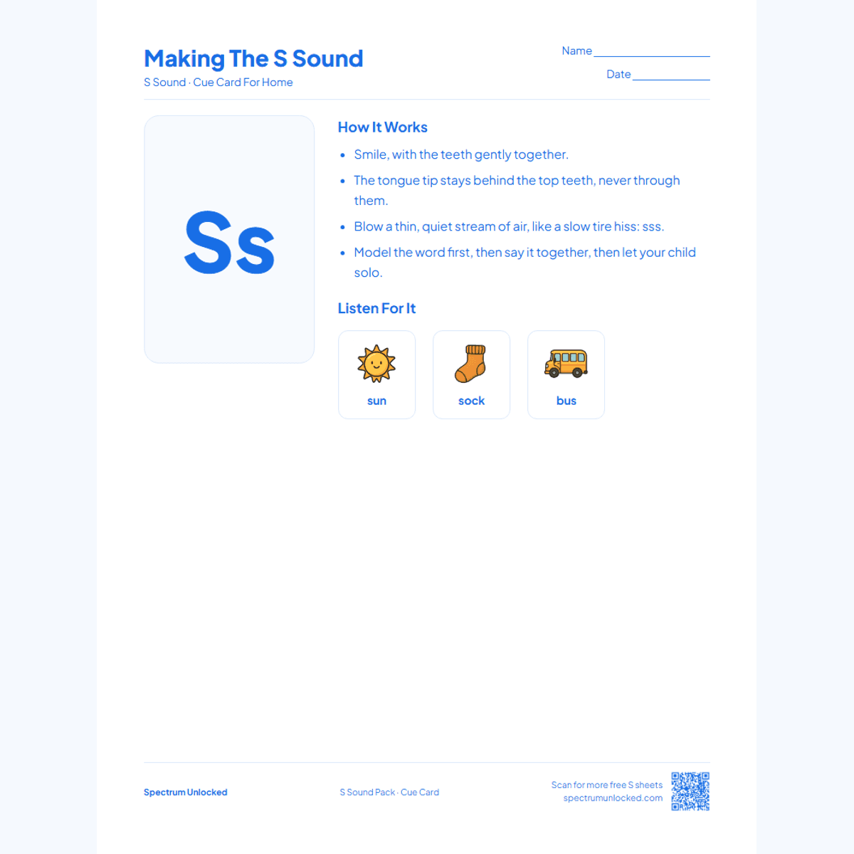 Send-home cue card from the S Sound Articulation Worksheets Pack
