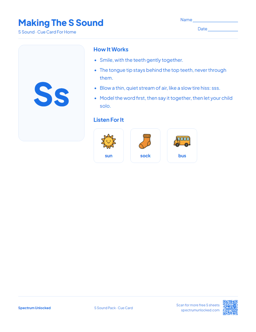 Send-home cue card from the S Sound Articulation Worksheets Pack