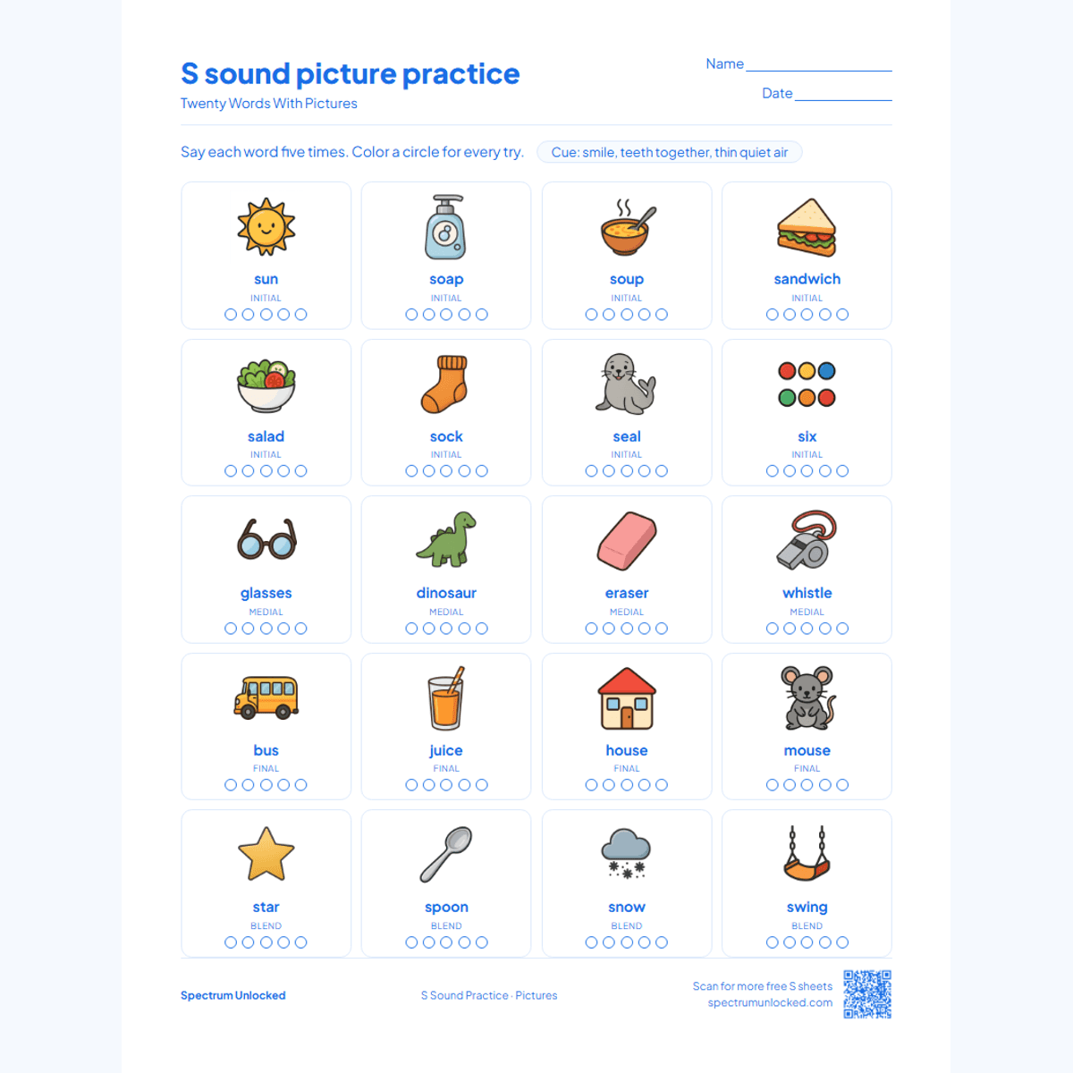Picture practice page with 20 illustrated S words