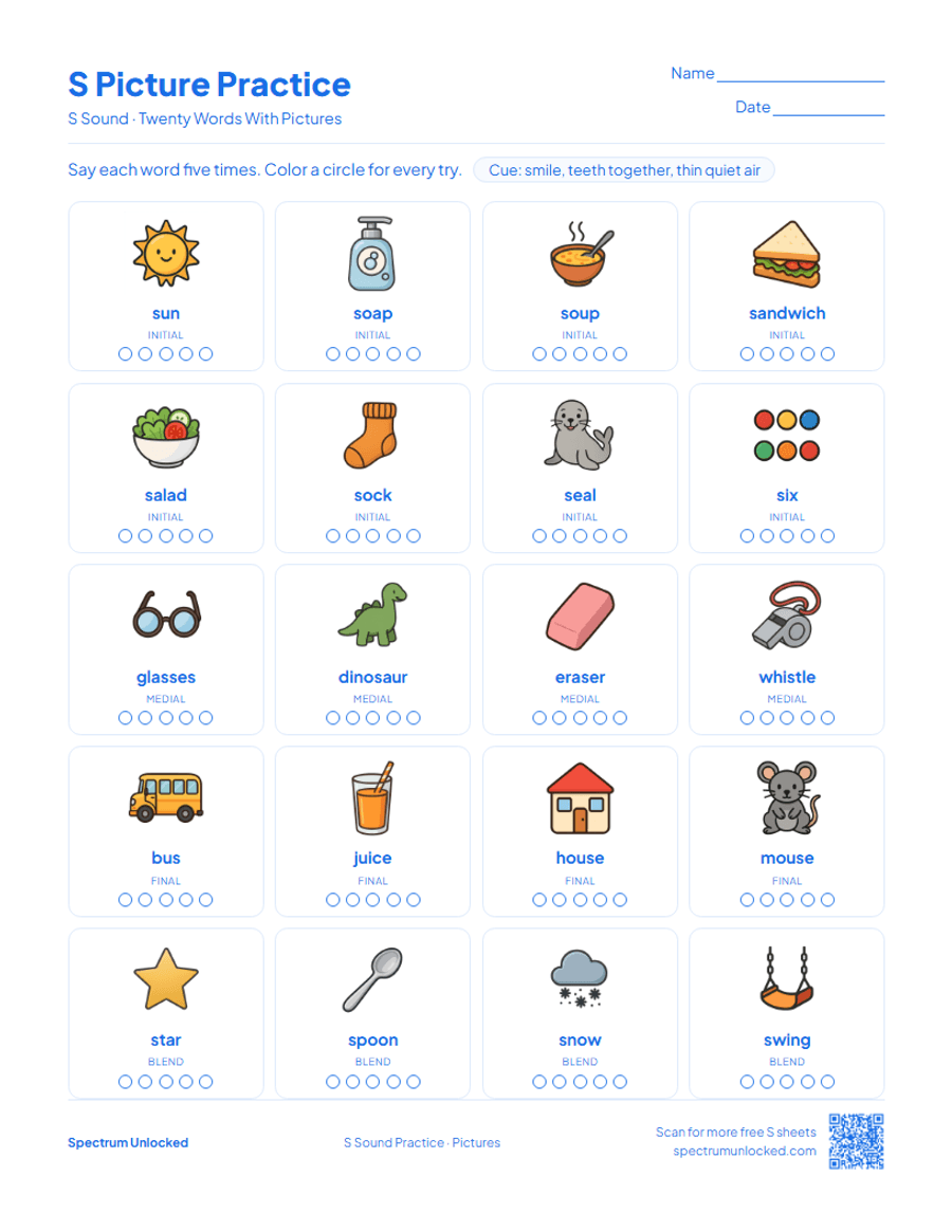 Picture practice page with 20 illustrated S words
