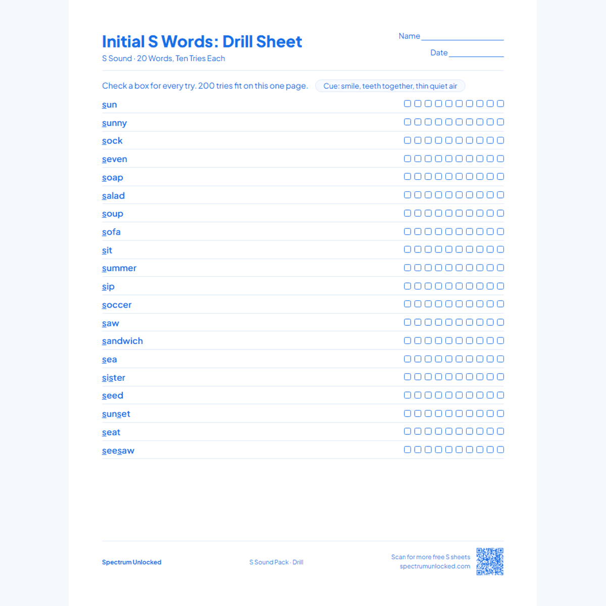 Drill sheet with ten tries per S word