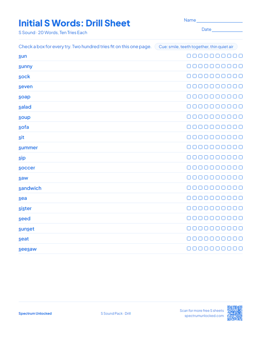 Drill sheet with ten tries per S word