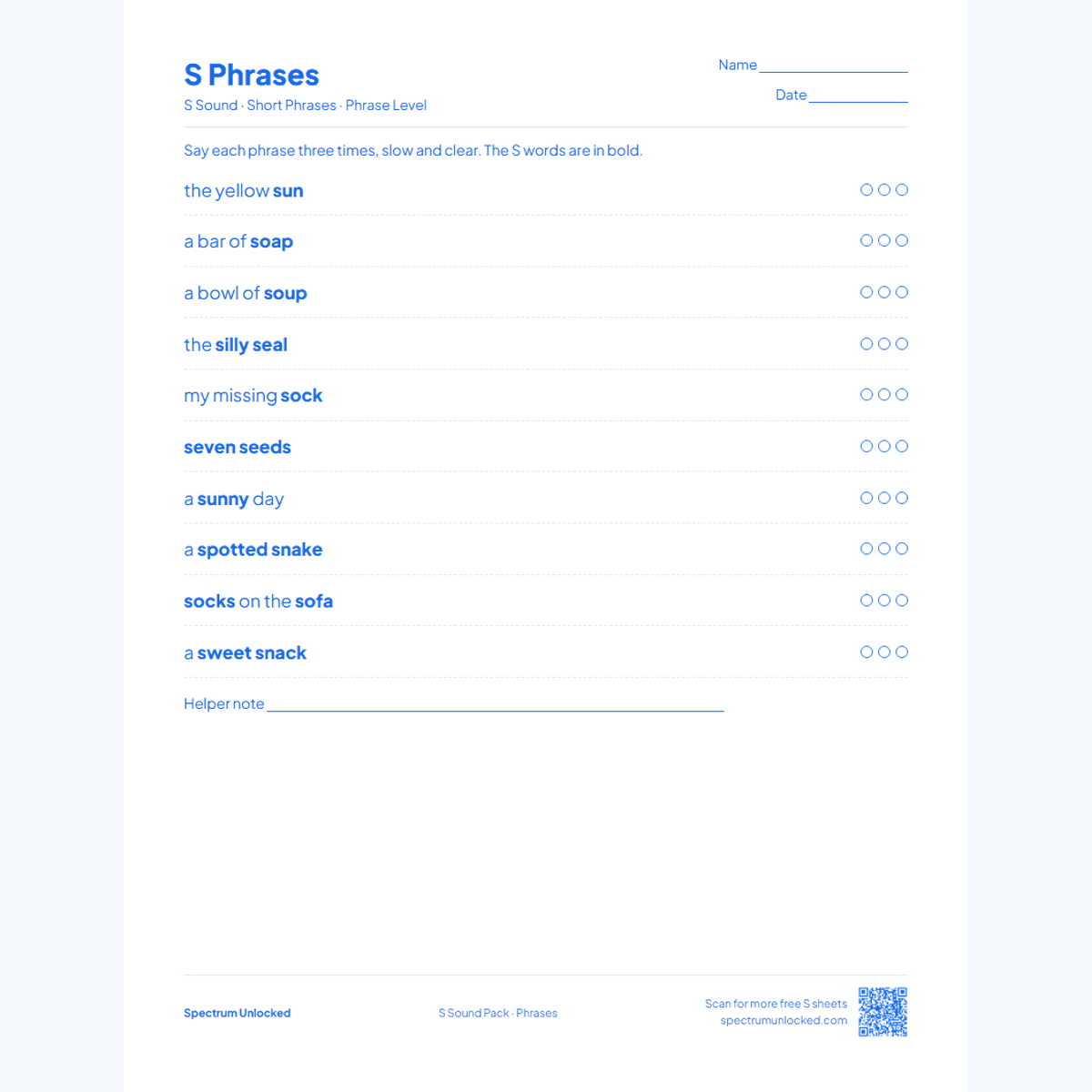S phrases practice page with try counters