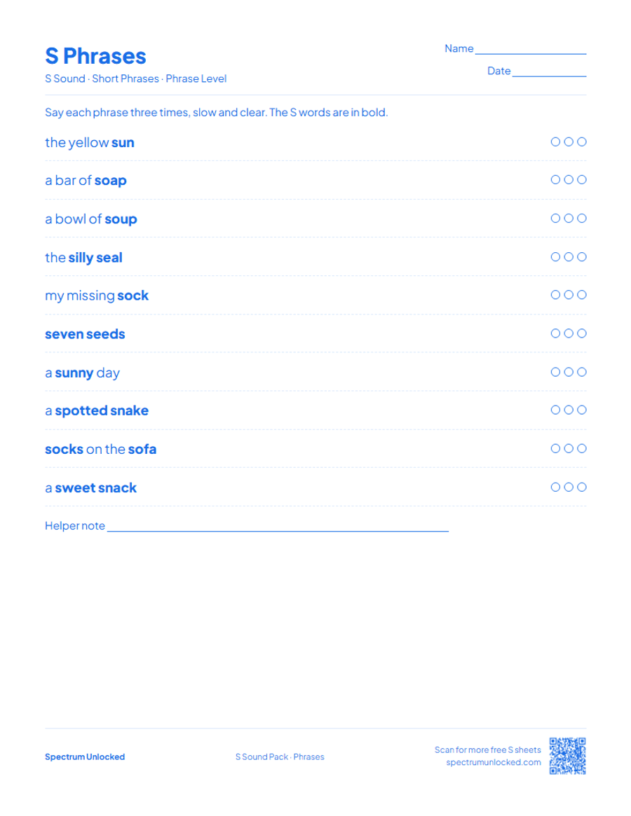 S phrases practice page with try counters