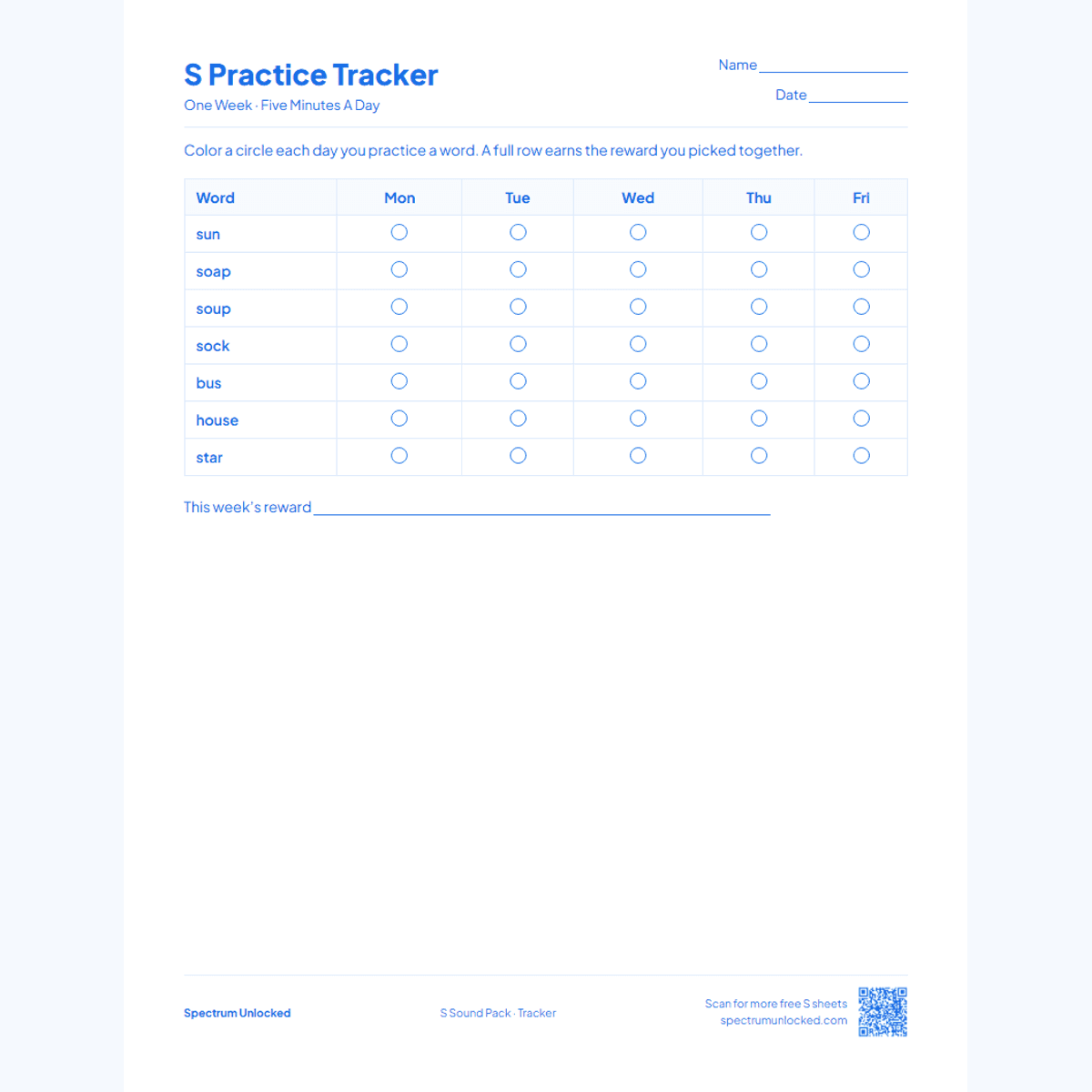 Weekly S practice tracker page