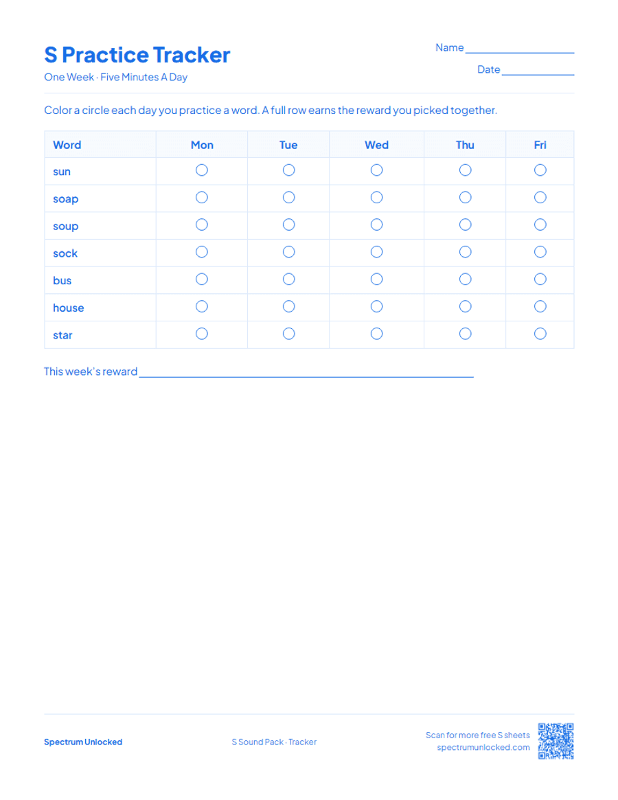 Weekly S practice tracker page