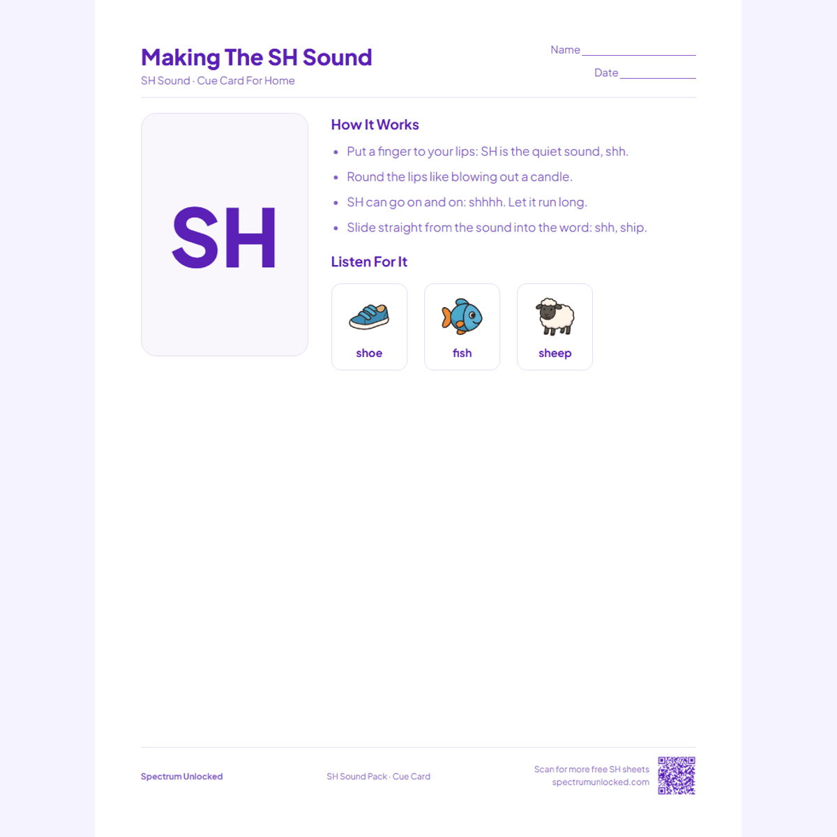 Send-home cue card from the SH Sound Articulation Worksheets Pack