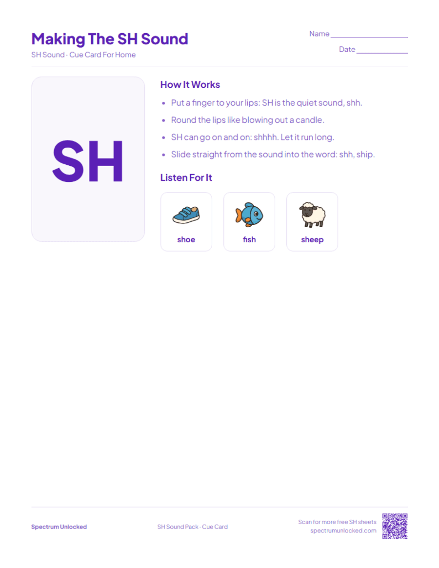 Send-home cue card from the SH Sound Articulation Worksheets Pack
