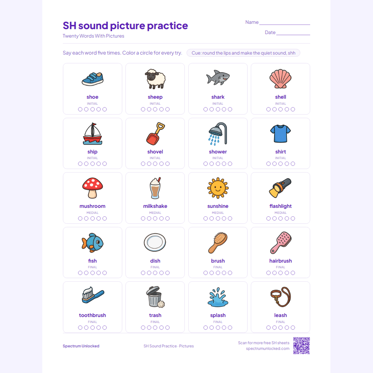 Picture practice page with 20 illustrated SH words