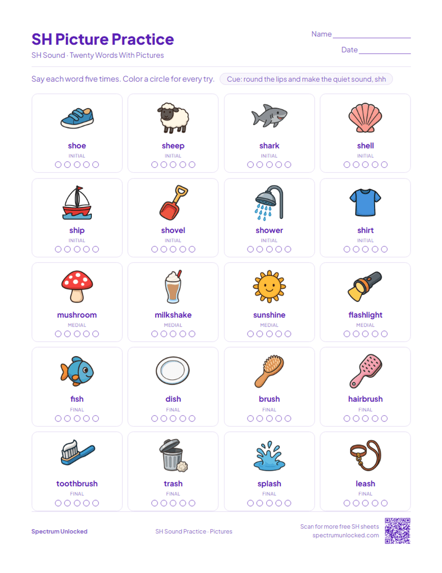 Picture practice page with 20 illustrated SH words