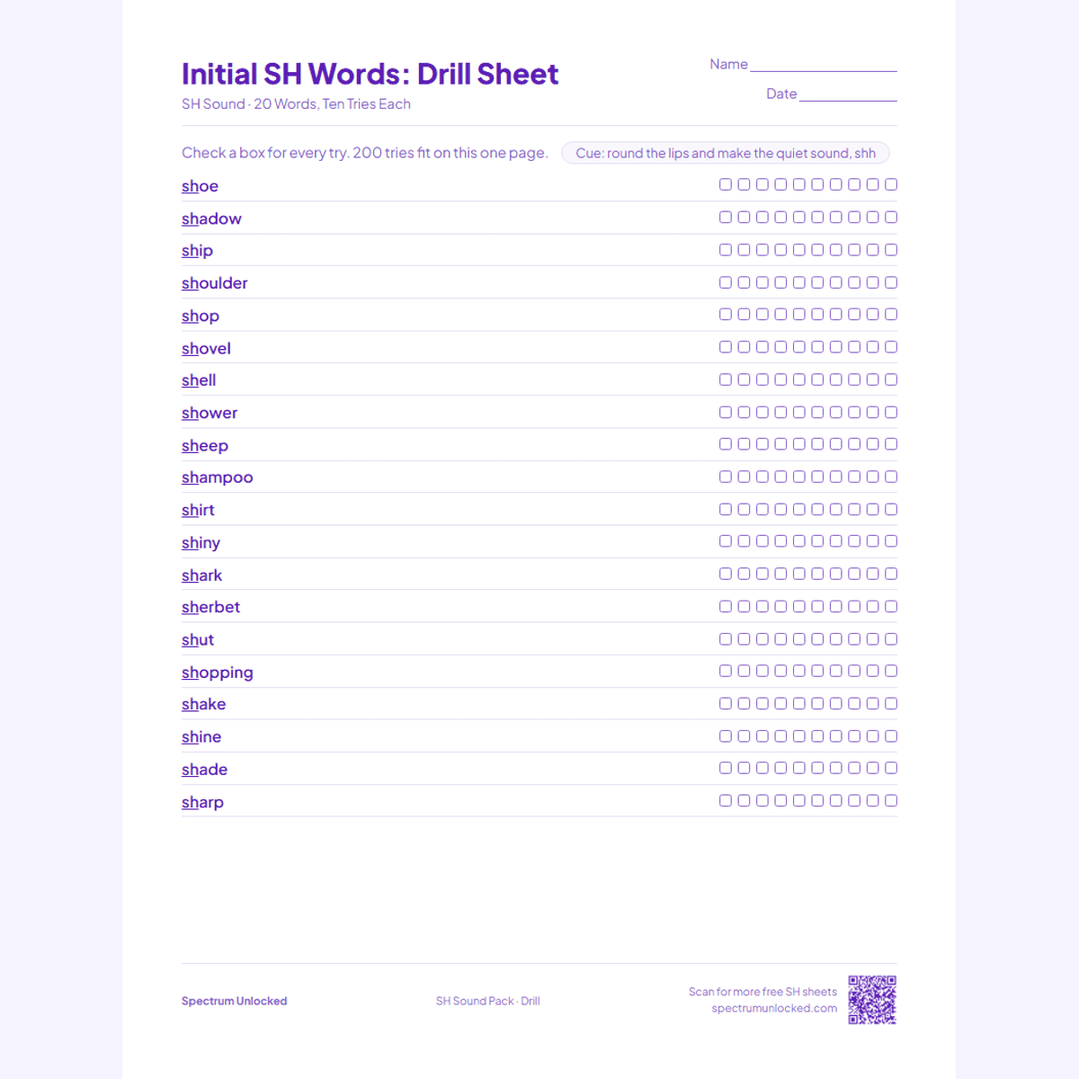 Drill sheet with ten tries per SH word