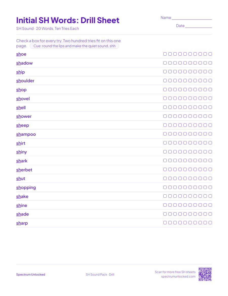 Drill sheet with ten tries per SH word