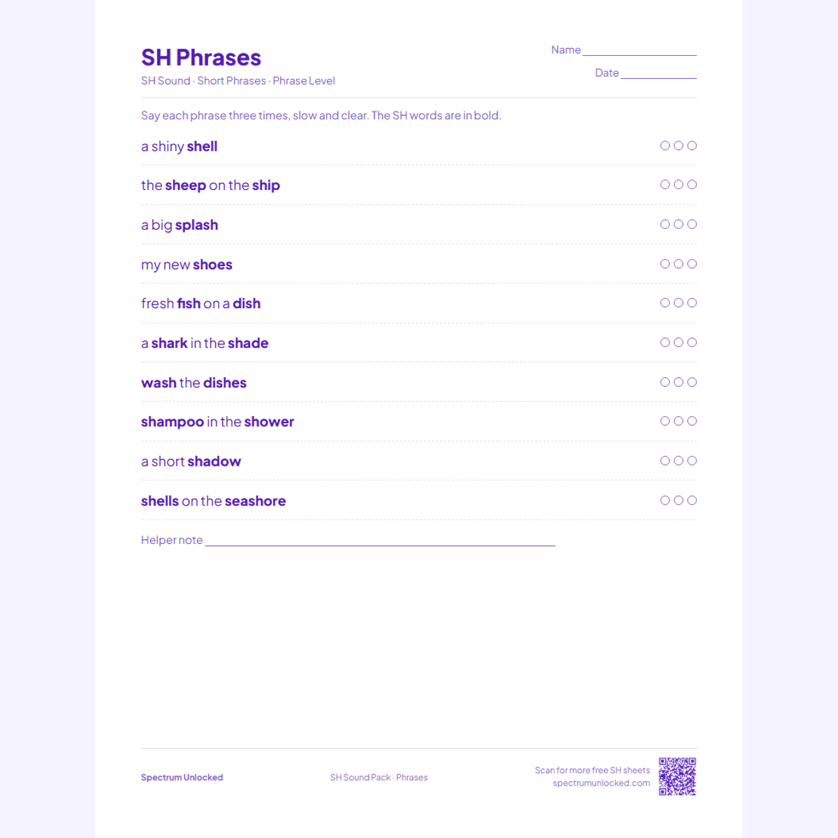 SH phrases practice page with try counters