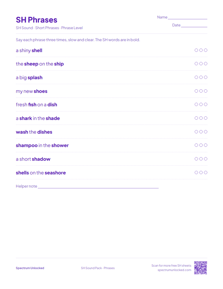 SH phrases practice page with try counters