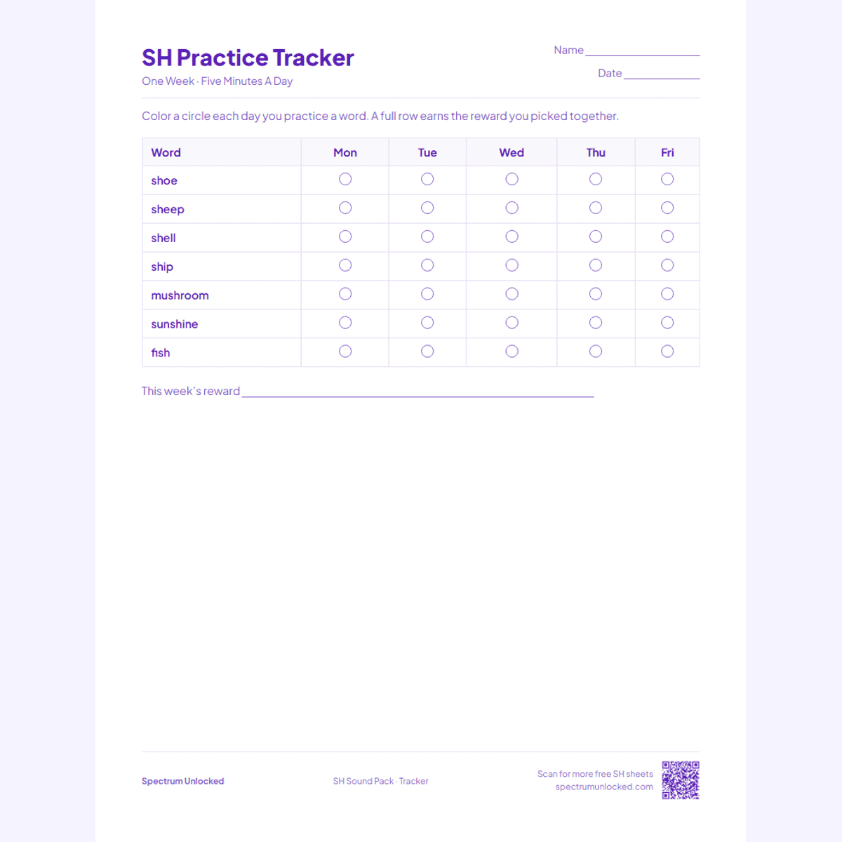 Weekly SH practice tracker page
