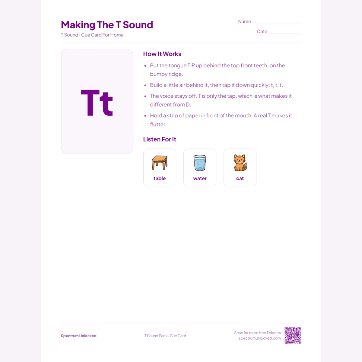 Send-home cue card from the T Sound Articulation Worksheets Pack