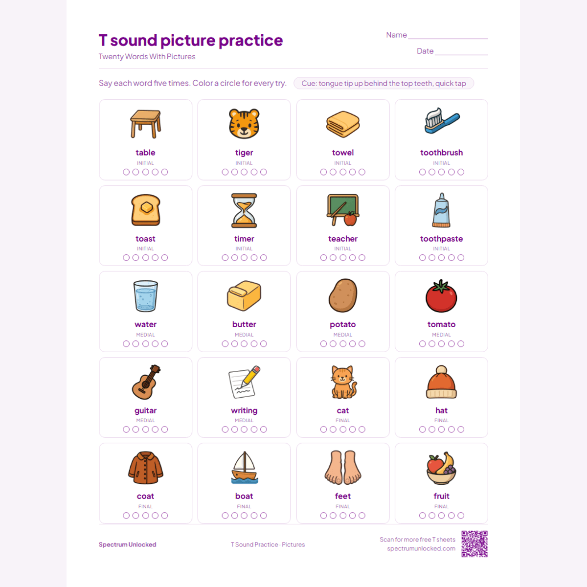 Picture practice page with 20 illustrated T words