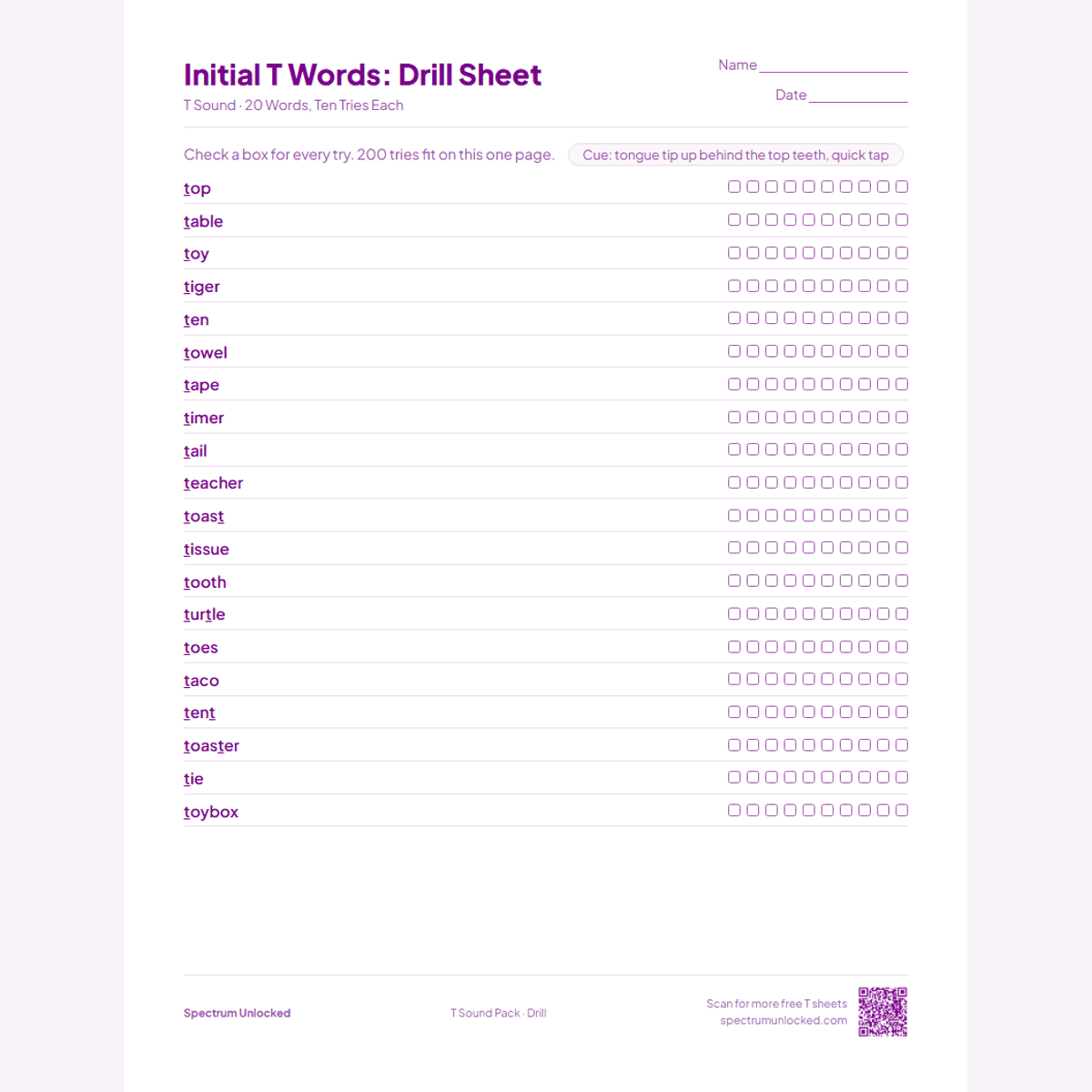 Drill sheet with ten tries per T word