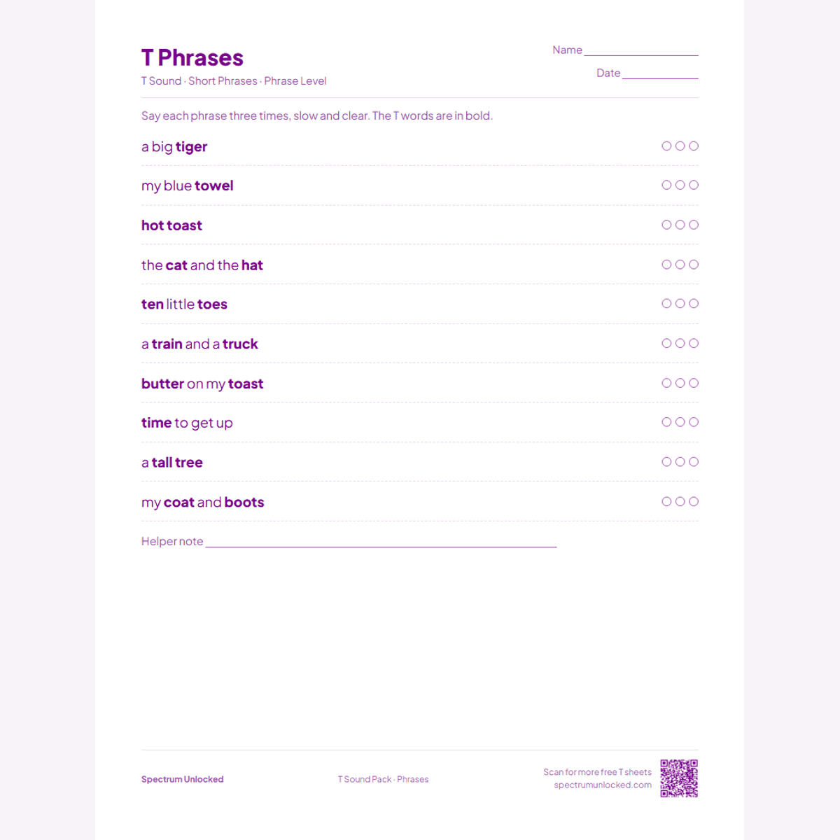 T phrases practice page with try counters