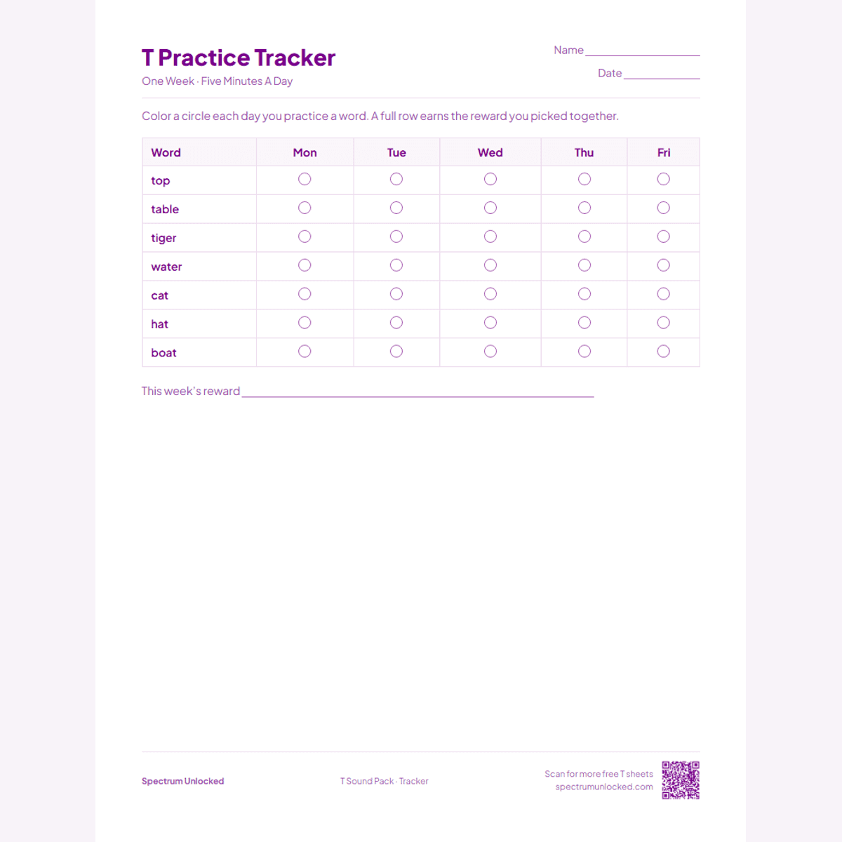 Weekly T practice tracker page