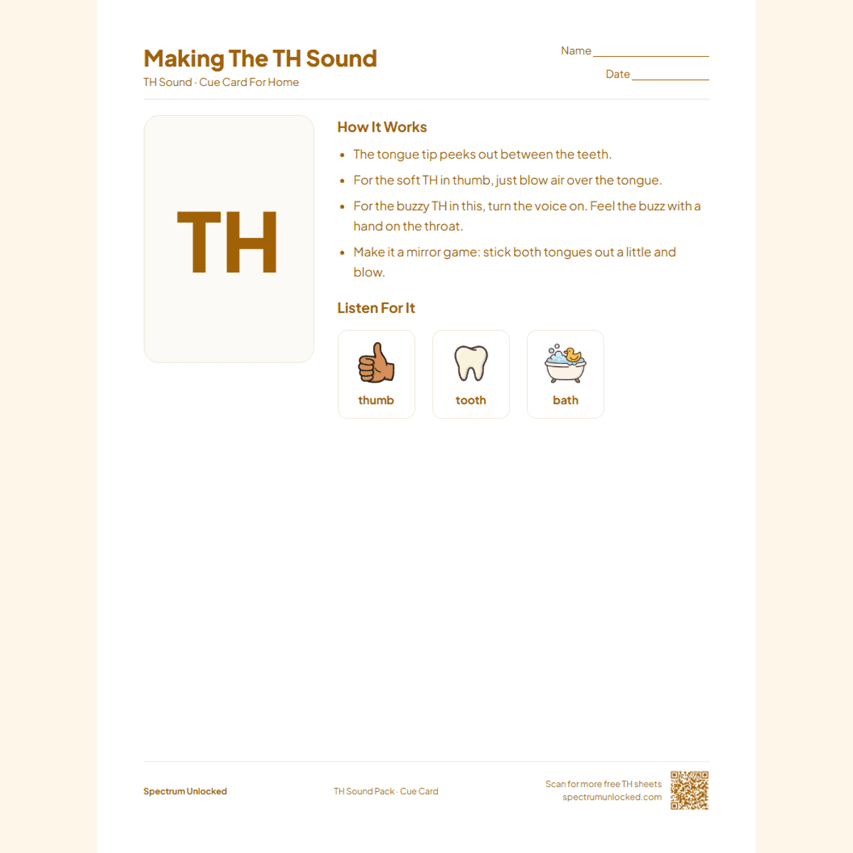 Send-home cue card from the TH Sound Articulation Worksheets Pack