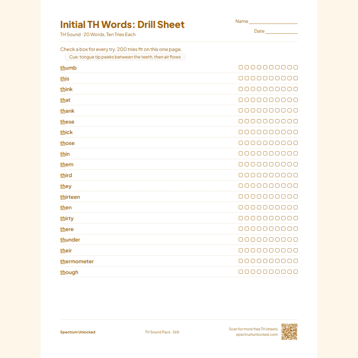 Drill sheet with ten tries per TH word