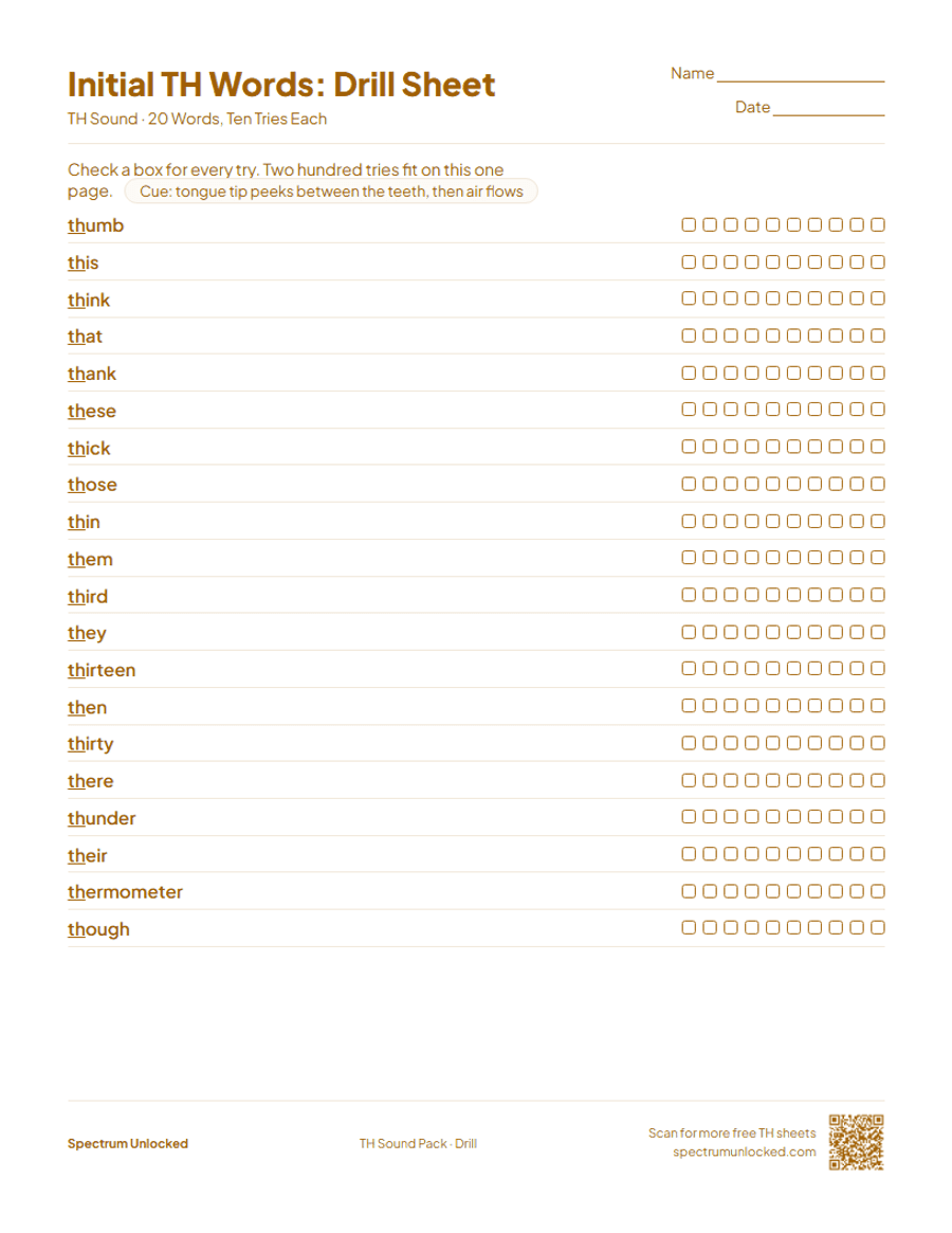 Drill sheet with ten tries per TH word