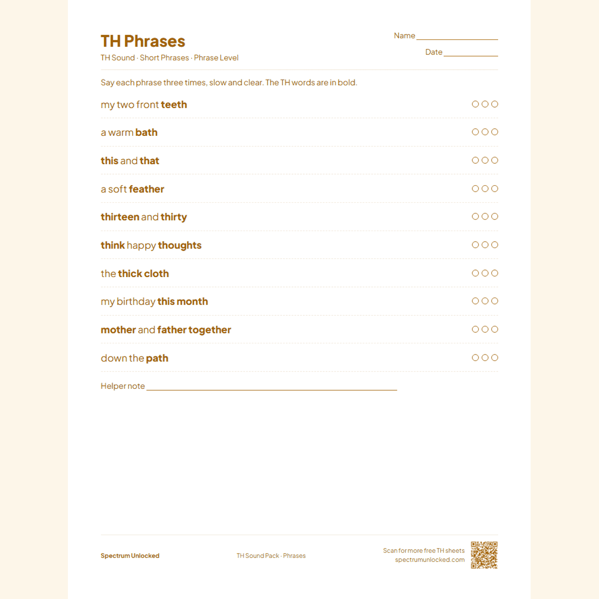 TH phrases practice page with try counters