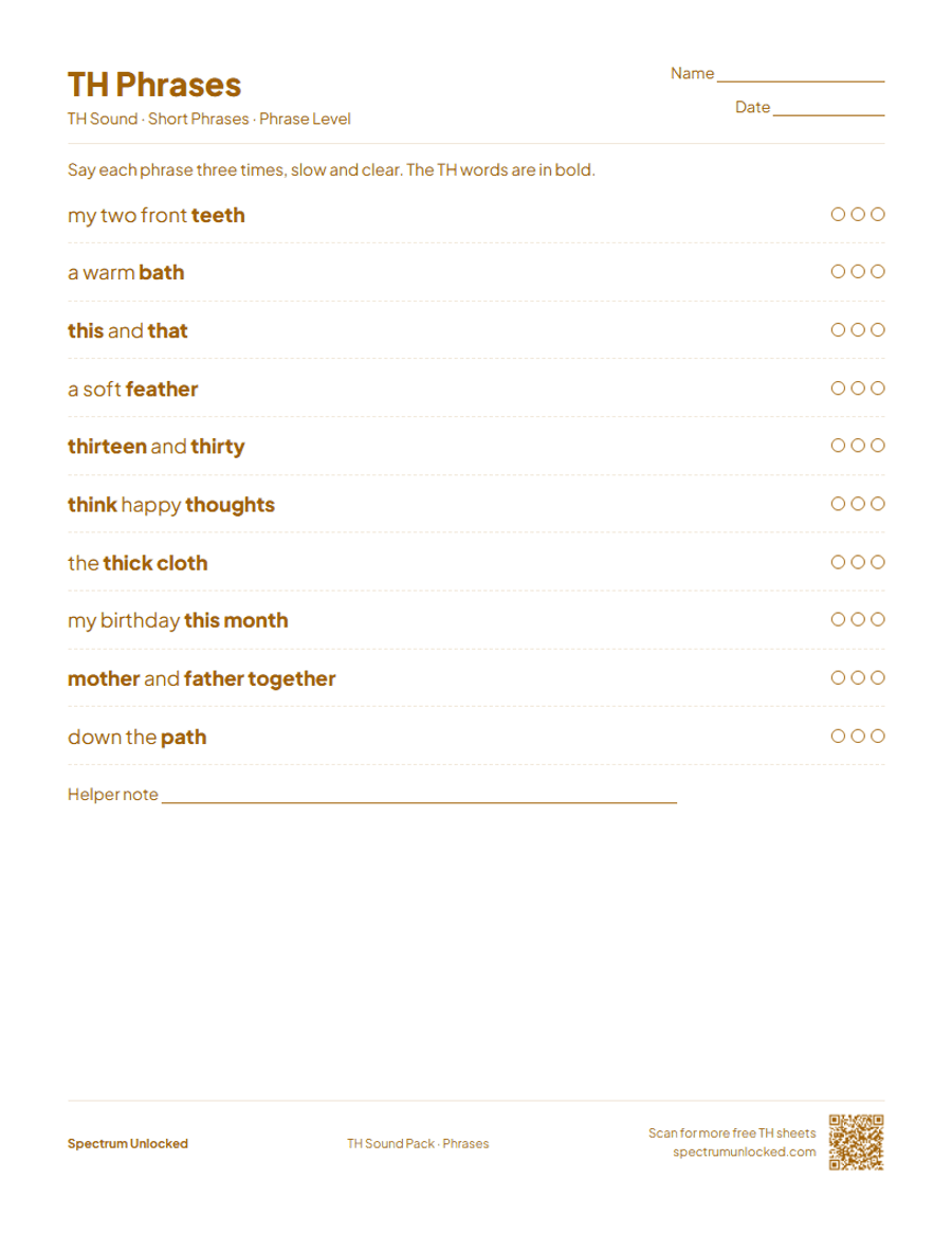 TH phrases practice page with try counters