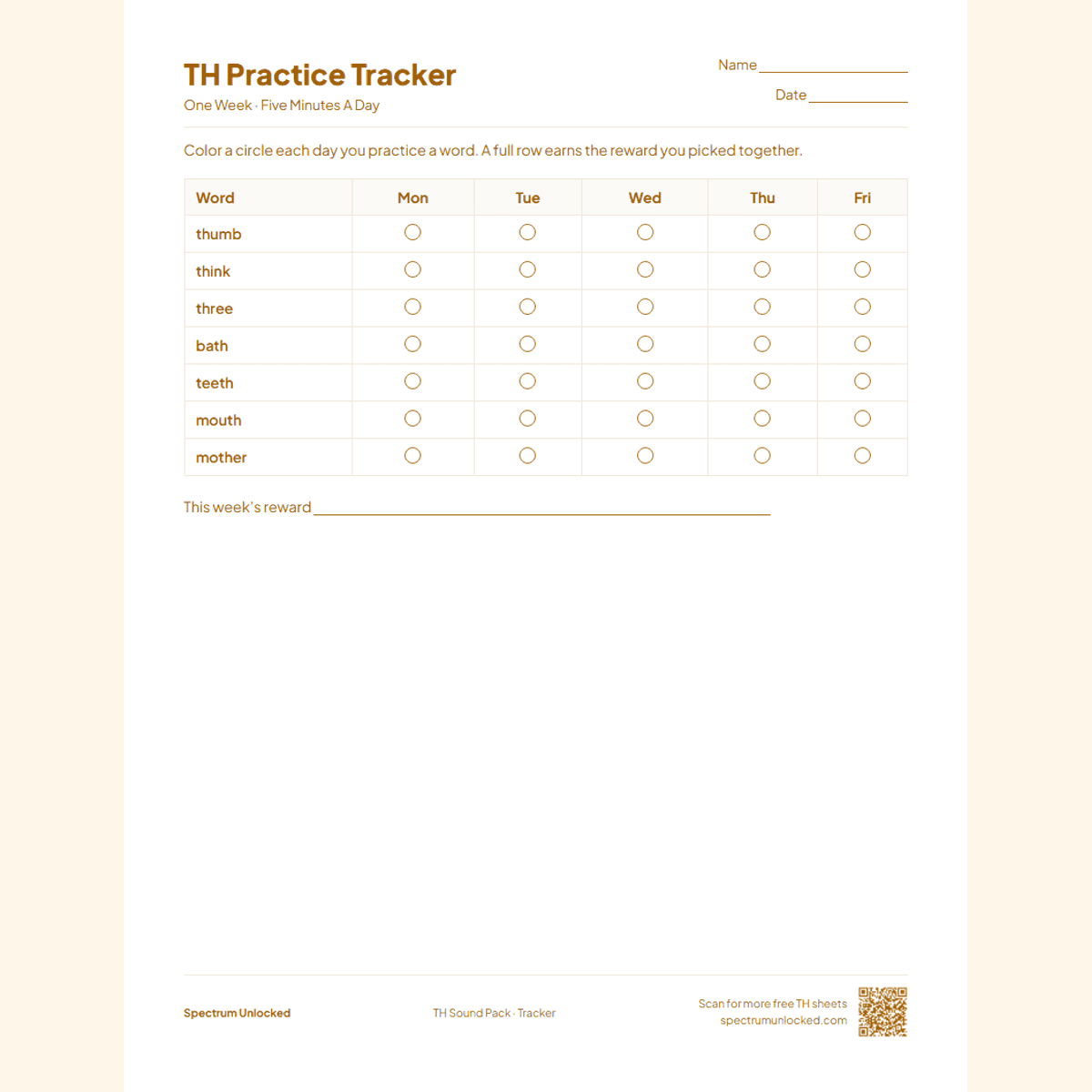 Weekly TH practice tracker page