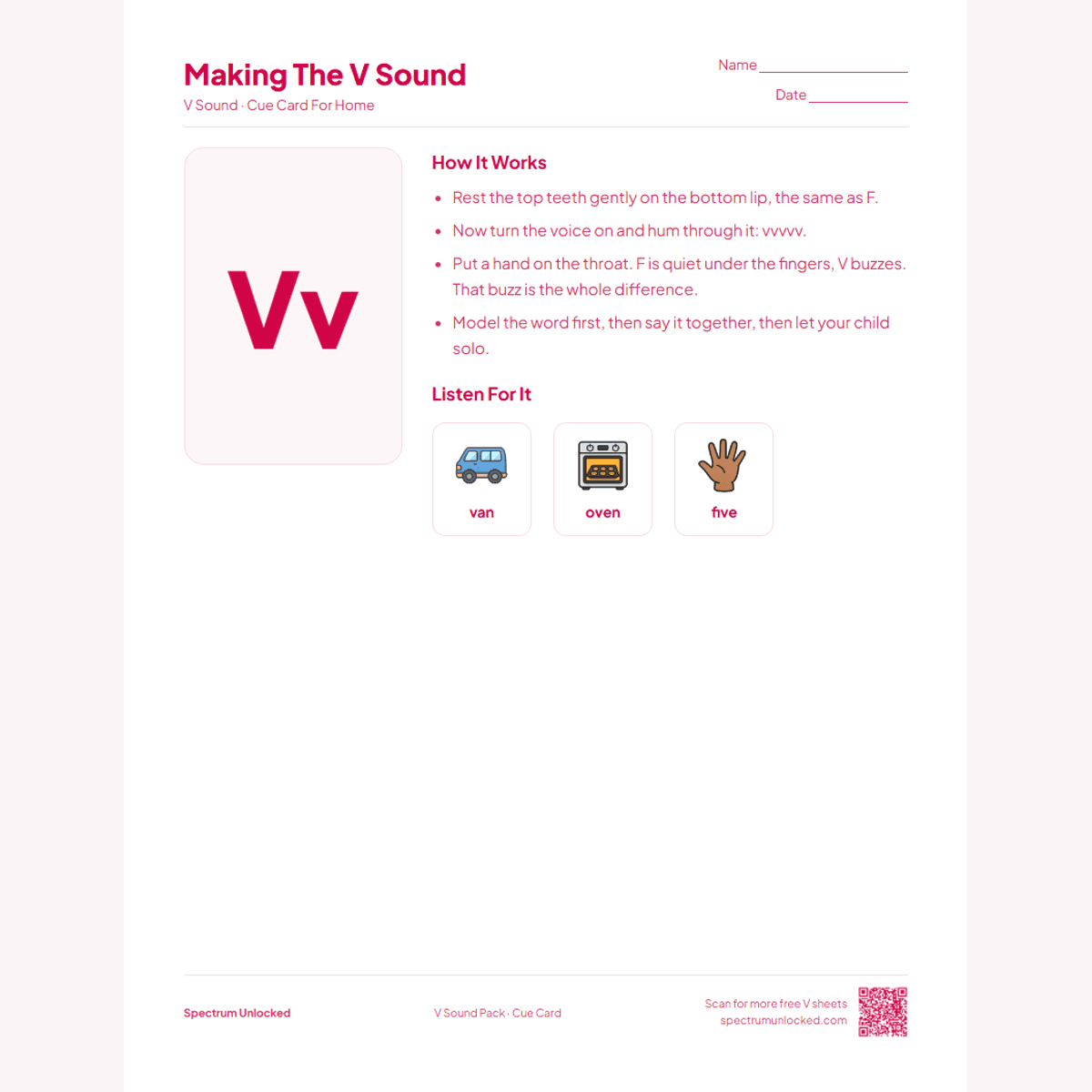 Send-home cue card from the V Sound Articulation Worksheets Pack